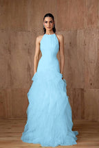 Cocoslly Halter Sleeveless High Waist Long Prom Dress With Ruffles | Daffodil Tulle YC0478