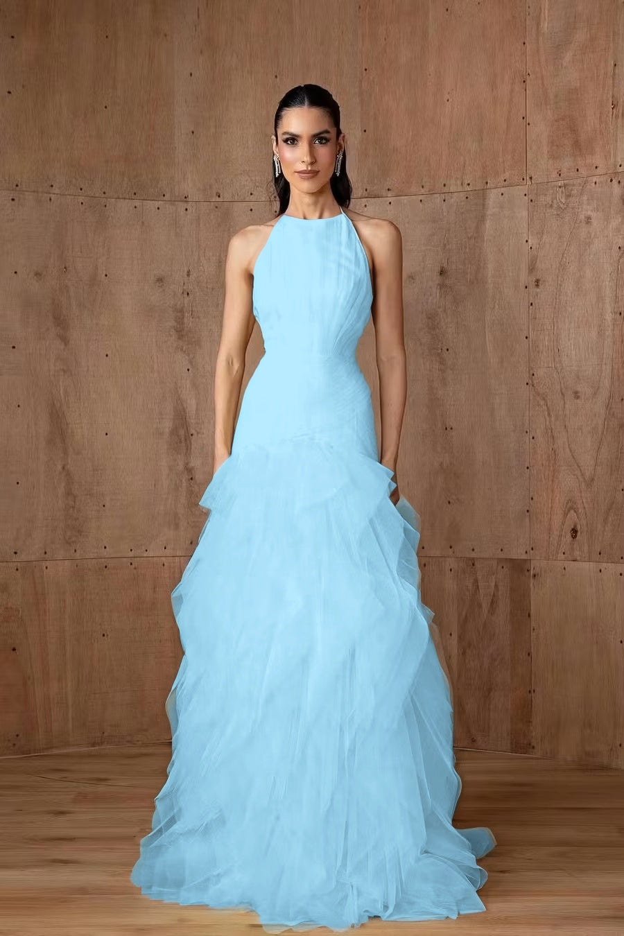 Cocoslly Halter Sleeveless High Waist Long Prom Dress With Ruffles | Daffodil Tulle YC0478