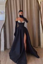 Cocoslly Strapless Split Rhinestones Beaded Long A-Line Prom Dress With Long Velvet Gloves | Black Satin ZT0534