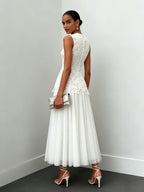 White Lace Classic Crew Neck Sleeveless A-Line Maxi Dress