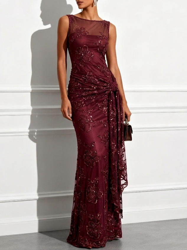 Brown Jacquard Classic Boat Neck Sleeveless Sheath Floor-length Gown Dress