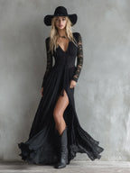 Stylish Western-style Lace-paneled Split Black Maxi Dress