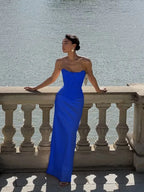 Cocoslly Strapless Sleeveless High Waist Long Prom Dress With Appliques | Pink Satin LX0113