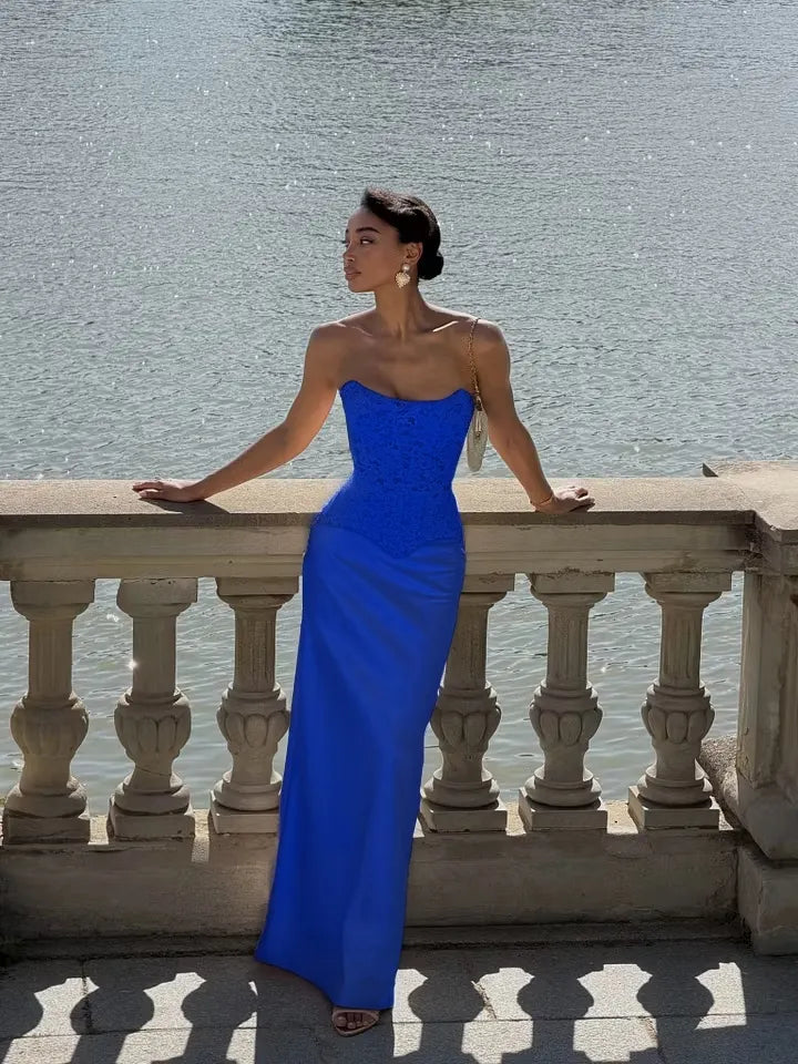 Cocoslly Strapless Sleeveless High Waist Long Prom Dress With Appliques | Pink Satin LX0113