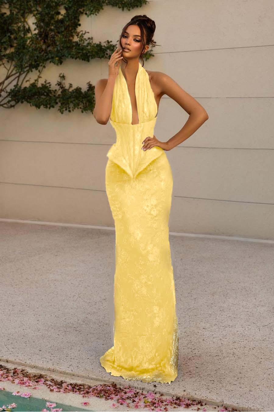 Halter V Neck Sleeveless Long Mermaid Prom Dress With Appliques WQ0176
