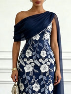 Navy Blue Embroidery Classic Strapless Sleeveless Sheath Midi Dress