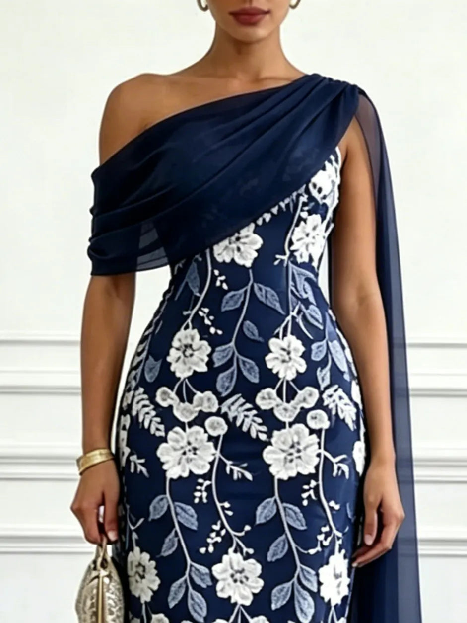 Navy Blue Embroidery Classic Strapless Sleeveless Sheath Midi Dress