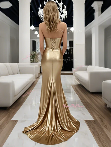 Cocoslly Strapless Sleeveless High Waist Long Prom Dress With Pleated | Glod Satin CO0142