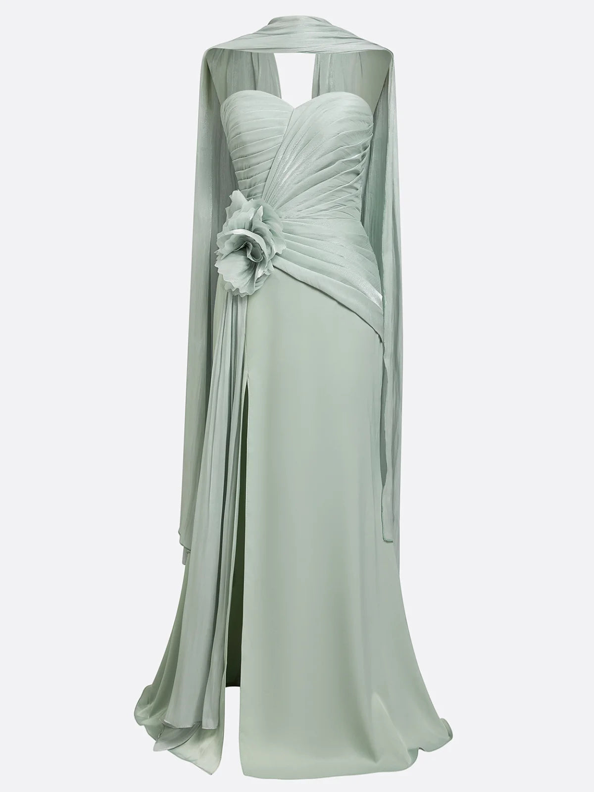Green 3D Floral Tulle Strapless Sleeveless A-Line Floor-length Gown Dress