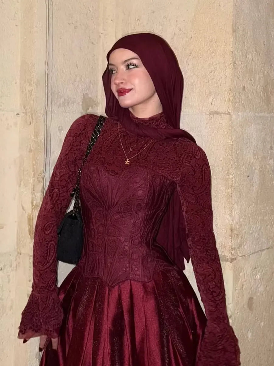 Cocoslly High Neck Long Sleeves High Waist Long Prom Dress With Hat | Burgundy Satin LR0513
