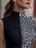 Leopard Print Contrast Zip-Front Sleeveless Top