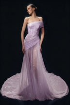 Cocoslly One Shoulder Sleeveless High Waist Long Prom Dress With Sequins | White Tulle YC0569