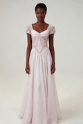 Cocoslly Short Sleeves High Waist Long Prom Dress With Rhinstone | Blushing Pink Chiffon LR0376