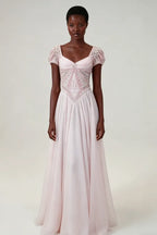 Cocoslly Short Sleeves High Waist Long Prom Dress With Rhinstone | Blushing Pink Chiffon LR0376
