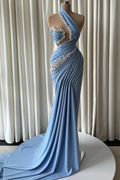 Cocoslly One Shoulder Sleeveless High Waist Long Mermaid Prom Dress With Pearls | Dusty Blue Satin JZ0162