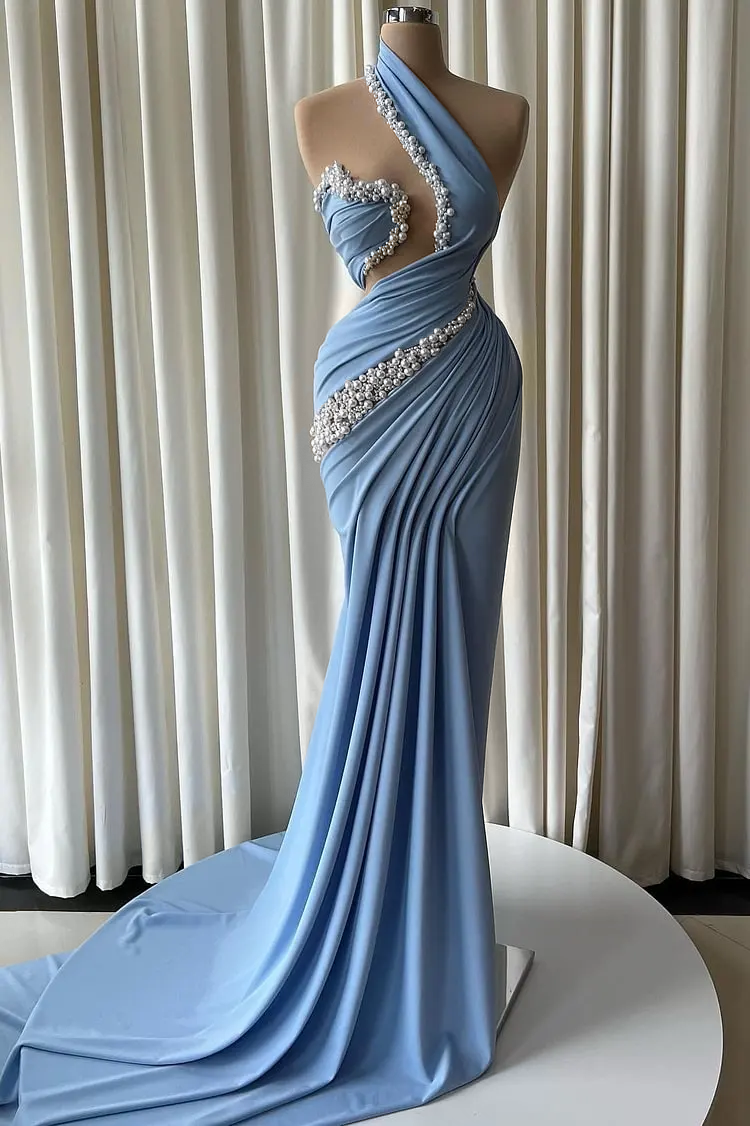 Cocoslly One Shoulder Sleeveless High Waist Long Mermaid Prom Dress With Pearls | Dusty Blue Satin JZ0162