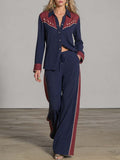 Retro Western Star-Embroidered Navy And Burgundy Cotton-Linen Shirt And Wide-Leg Pants Set