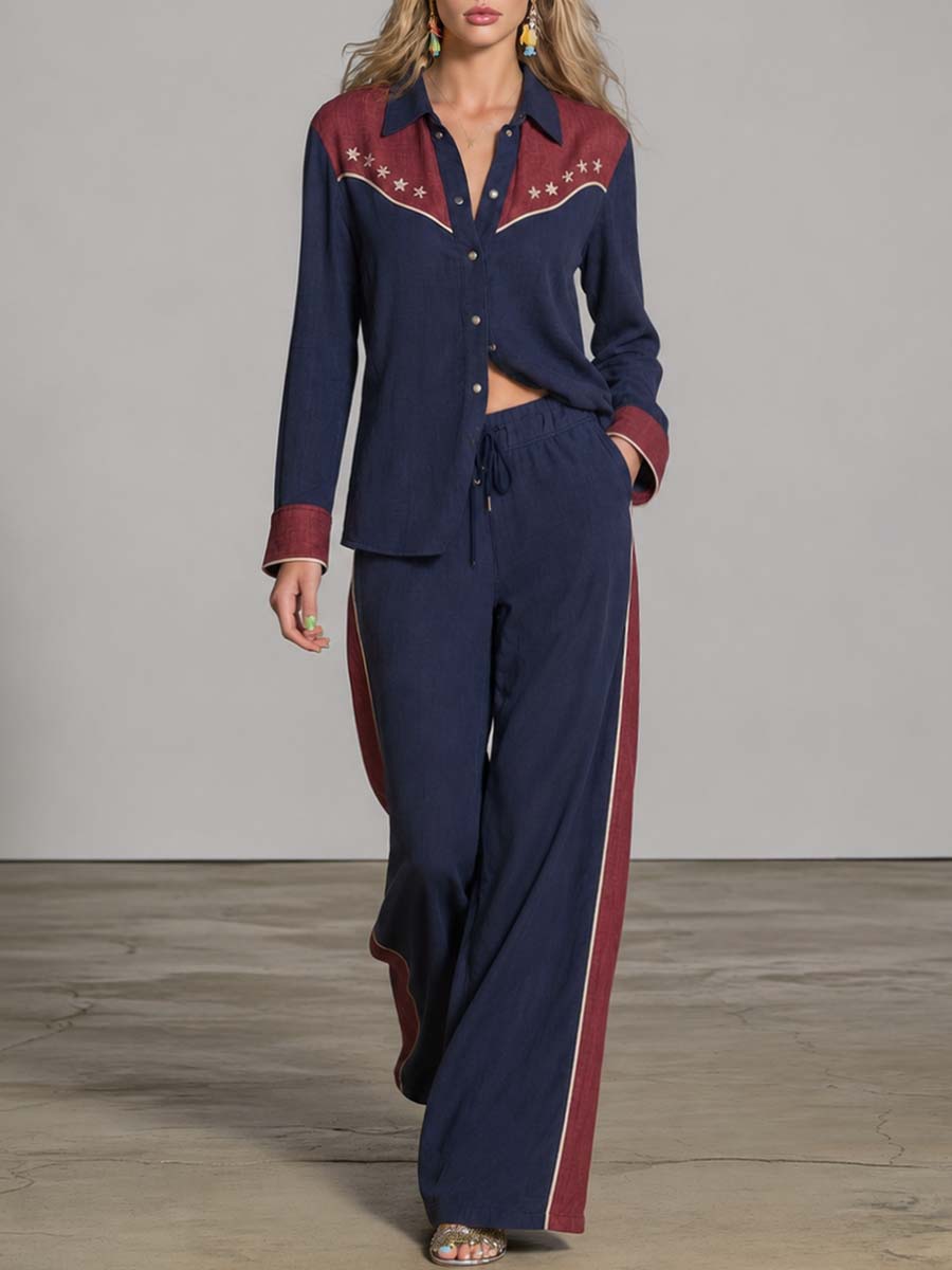 Retro Western Star-Embroidered Navy And Burgundy Cotton-Linen Shirt And Wide-Leg Pants Set