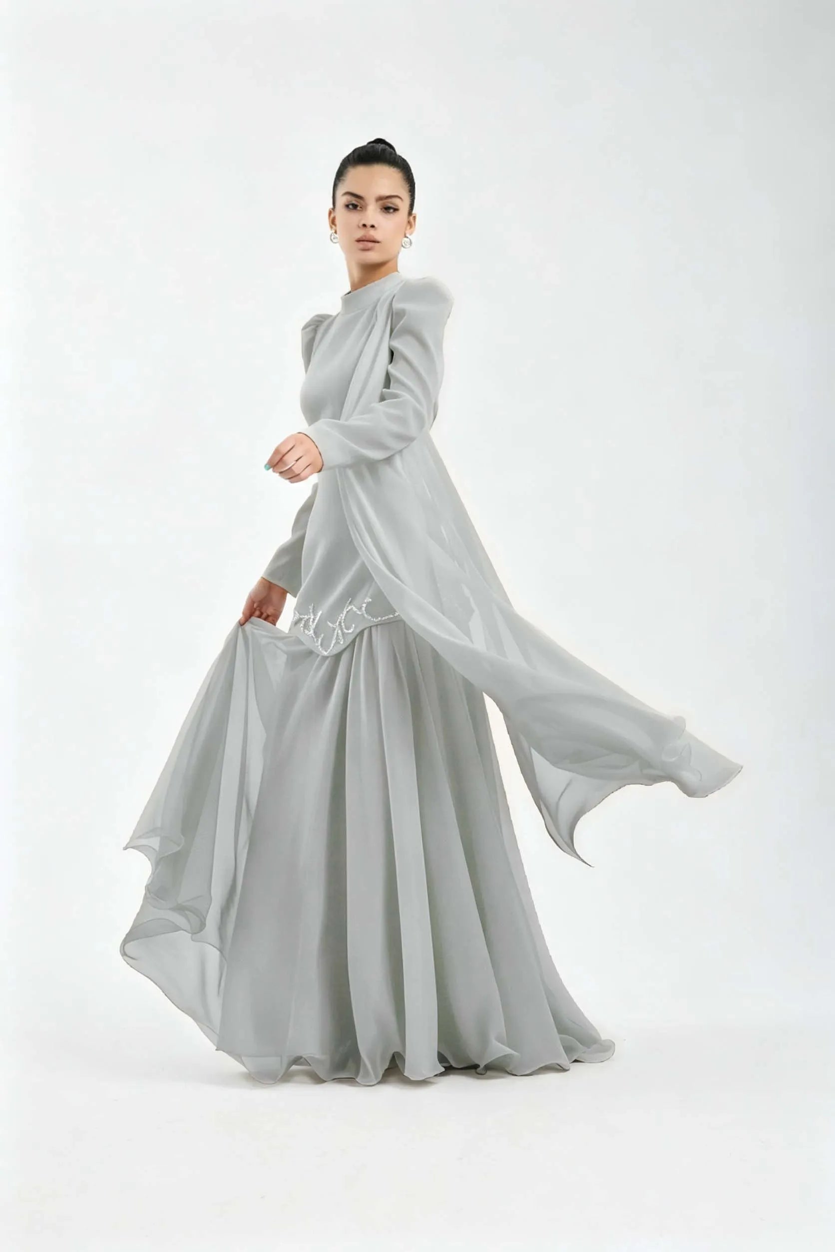 Cocoslly High Neck Long Sleeves High Waist Long Prom Dress With Rhinstone | Cabemet Chiffon LR0407