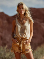 Sierra Washed Camel Americana Denim Shorts Relaxed Vintage Utility Style