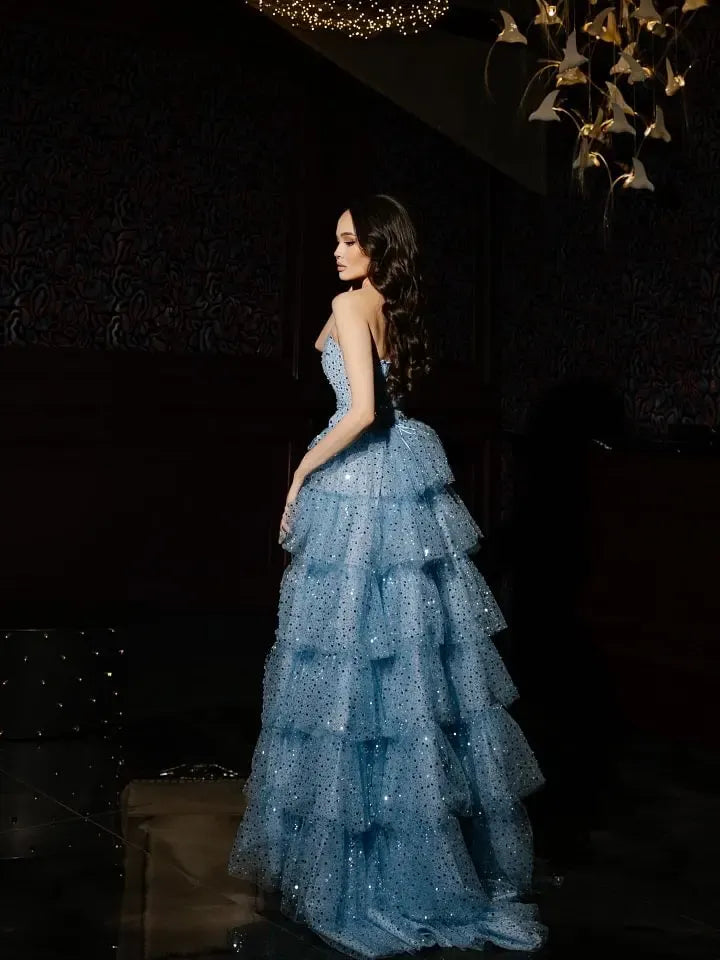 Cocoslly Strapless Sleeveless High Waist Long Prom Dress With Ruffles And Sequins | Sky Blue Tulle YC0474