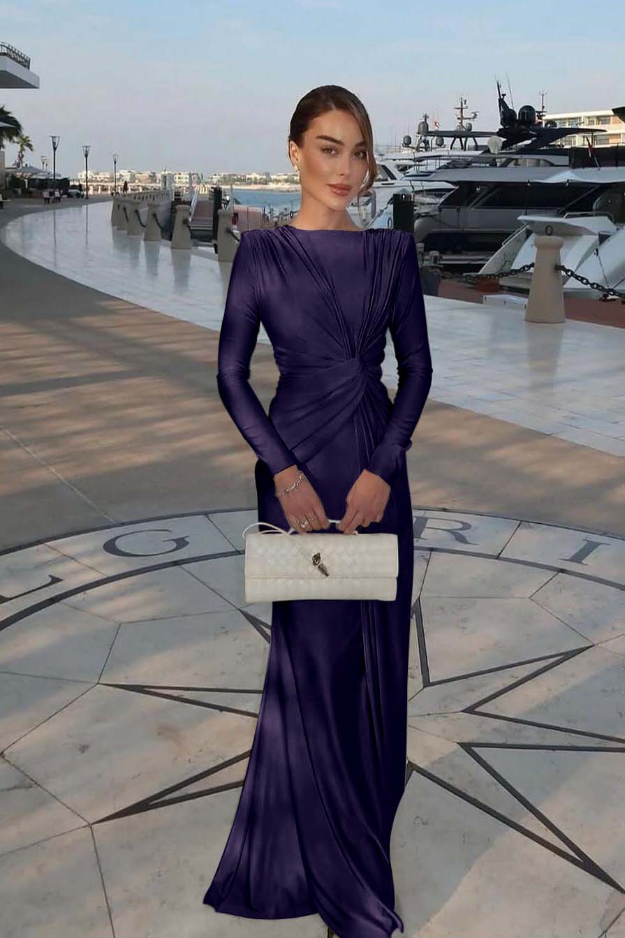 Chic Jewel Long Sleeves Mermaid Long Prom Dress With Pleated XJ0364