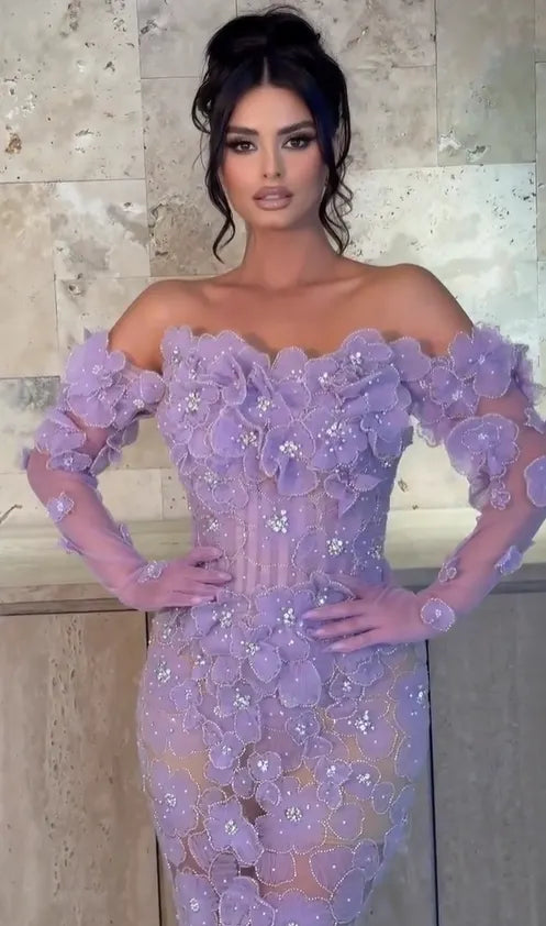 Cocoslly Strapless Long Sleeves High Waist Long Prom Dress With Flowers And Beading Pearls | Lilac Tulle CO0212
