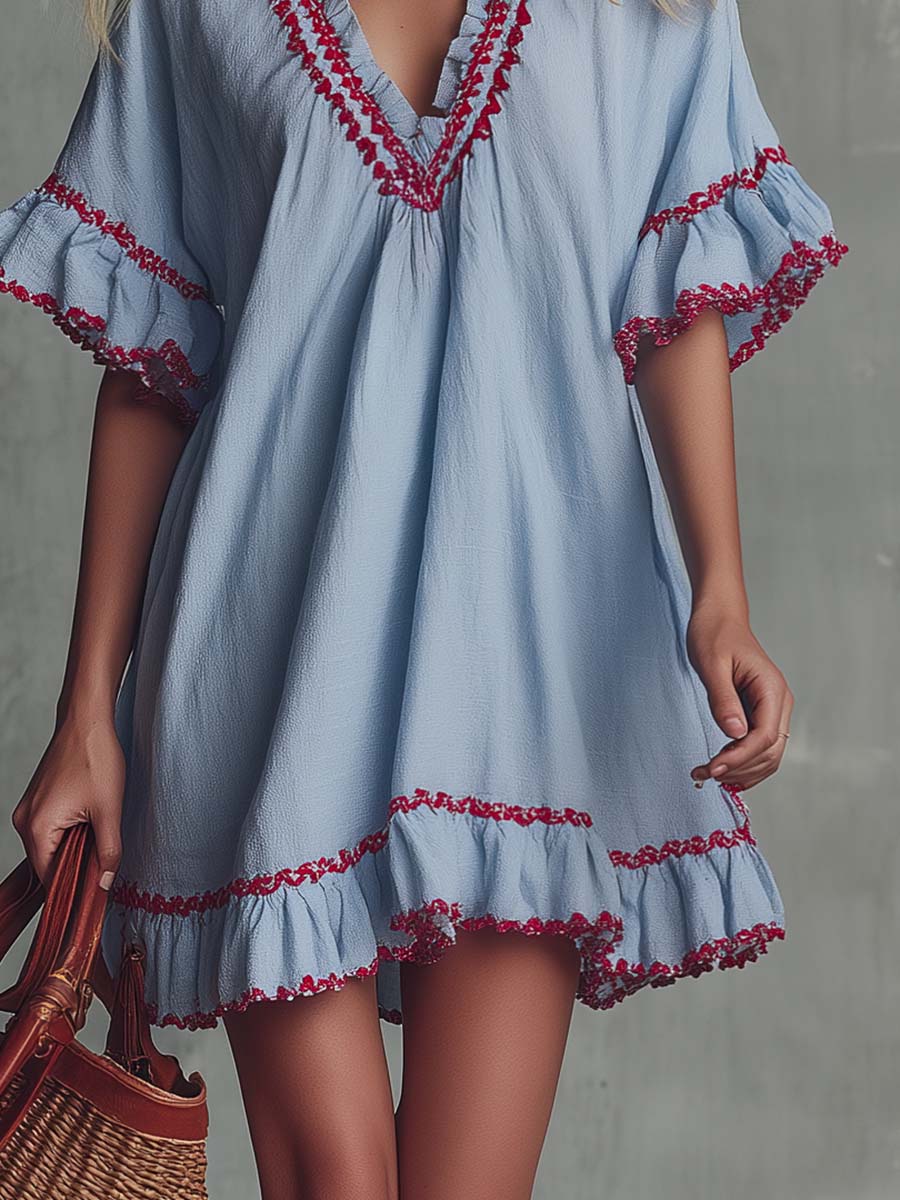 Vintage Bohemian V-neck Ruffled Hazy Blue Cotton-linen Mini Dress