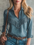 Western Retro Blue Tassel Long-Sleeved Faux Suede Shirt