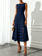 Blue Devore Classic Boat Neck Sleeveless A-Line Midi Dress
