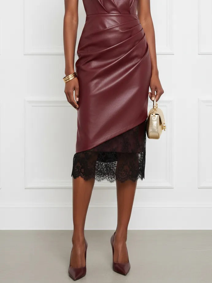 Burgundy Faux Leather Lace Ruched Classic Boat Neck Sleeveless Shift Midi Dress