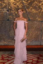 Cocoslly Off-The-Shoulder Sleeveless High Waist Long Prom Dress With Ruffles | Pink Chiffon XJ0683