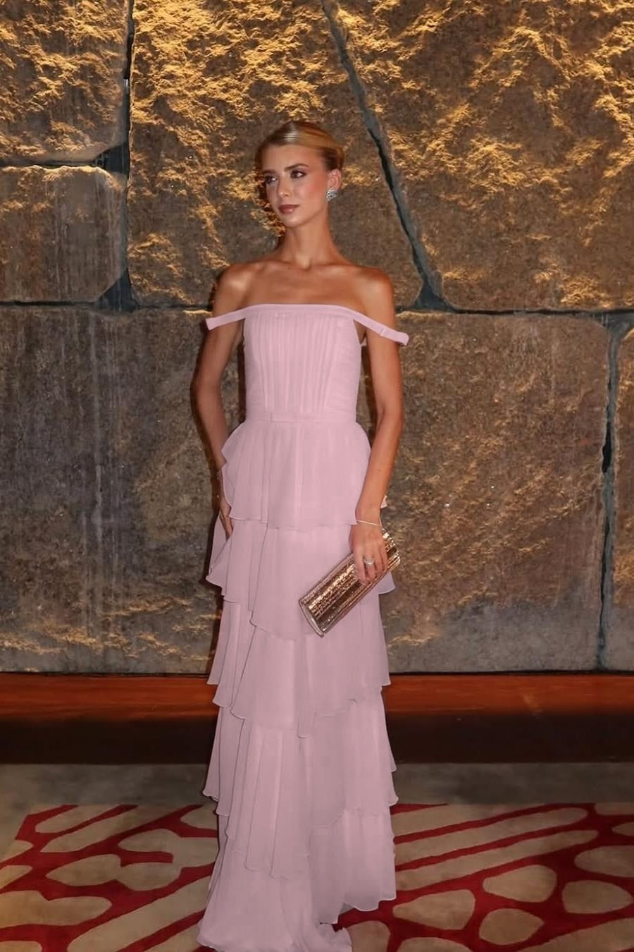 Cocoslly Off-The-Shoulder Sleeveless High Waist Long Prom Dress With Ruffles | Pink Chiffon XJ0683