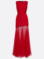 Red Mesh Classic Boat Neck Sleeveless Mermaid Floor-length Gown Dress