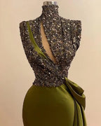 Cocoslly High Neck Sleeveless High Waist Long Mermaid Prom Dress With Sequins | Green Satin ZC0388