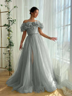 Tulle Off-The-Shoulder Strapless Sleeveless Long Pleated A-Line Prom Dress With Flower Appliques And Split YK0615