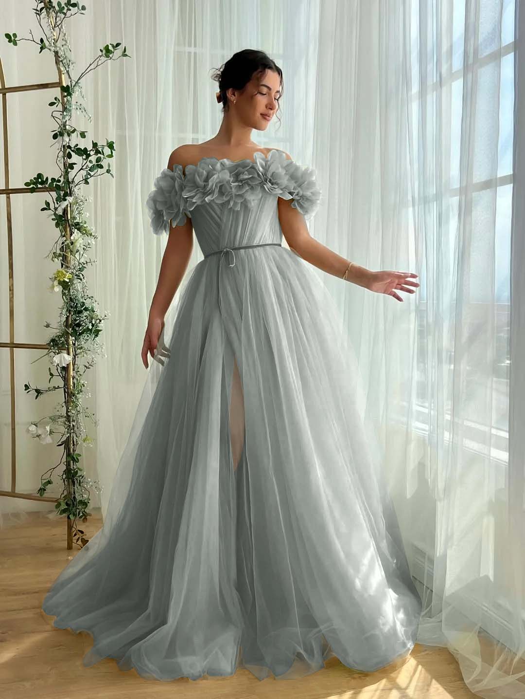 Tulle Off-The-Shoulder Strapless Sleeveless Long Pleated A-Line Prom Dress With Flower Appliques And Split YK0615