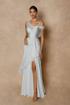 Cocoslly Wide Straps Sleeveless High Waist Long Prom Dress With Split And Ruffles | Glod Chiffon