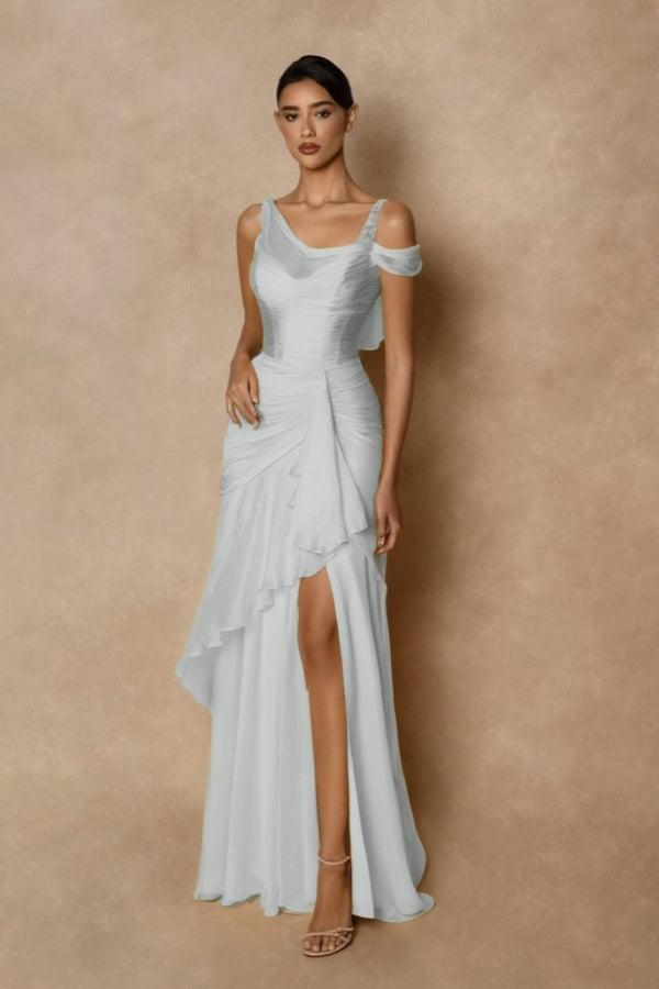 Cocoslly Wide Straps Sleeveless High Waist Long Prom Dress With Split And Ruffles | Glod Chiffon