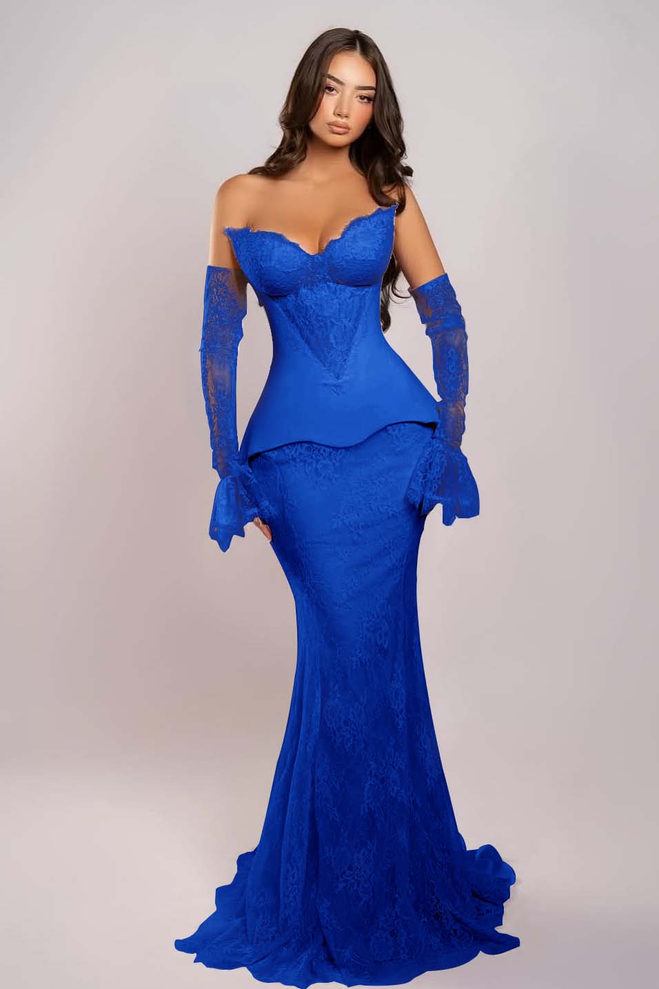 Cocoslly Strapless Sleeveless Long Mermaid Prom Dress With Embroidered And Gloves | Pink Satin And Lace ZA0398