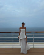 Cocoslly Strapless Split Holiday Summer Long Prom Dress With Scarf | White Satin And Chiffon ZT0604