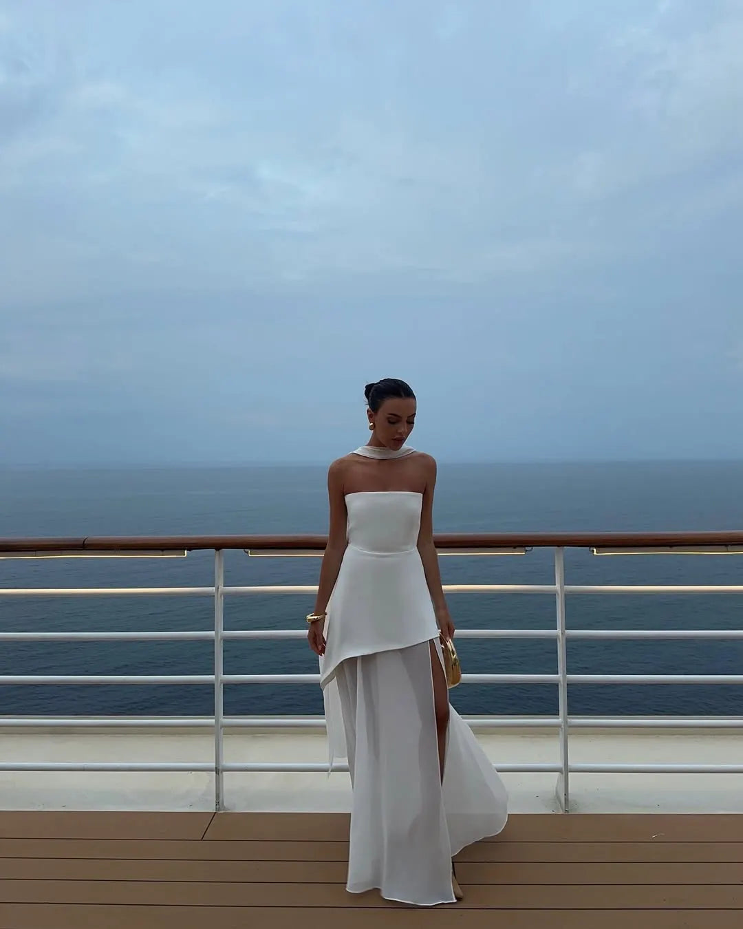 Cocoslly Strapless Split Holiday Summer Long Prom Dress With Scarf | White Satin And Chiffon ZT0604