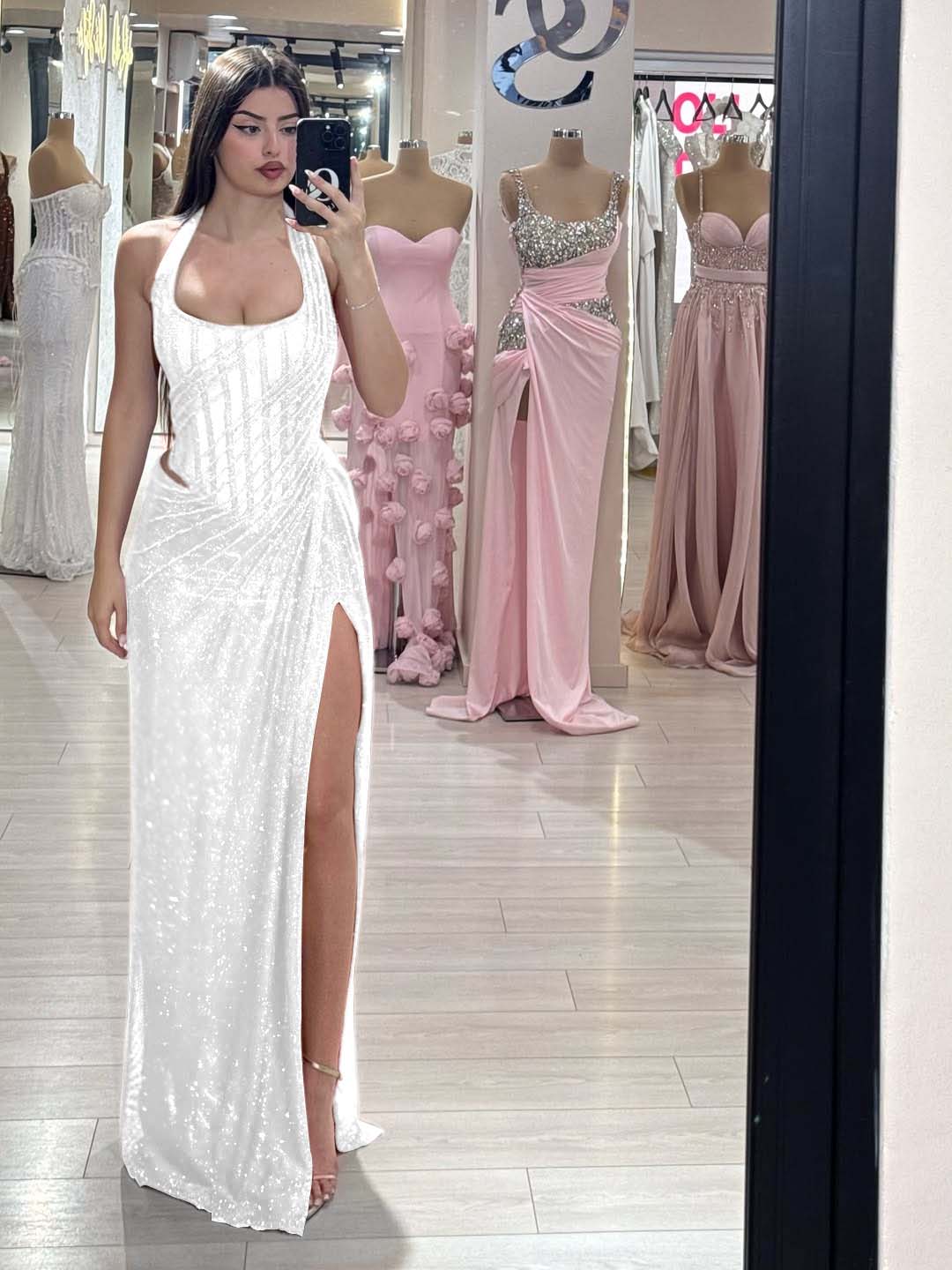 Sequins Halter Sleeveless Long Mermaid Prom Dress With Split YK0358