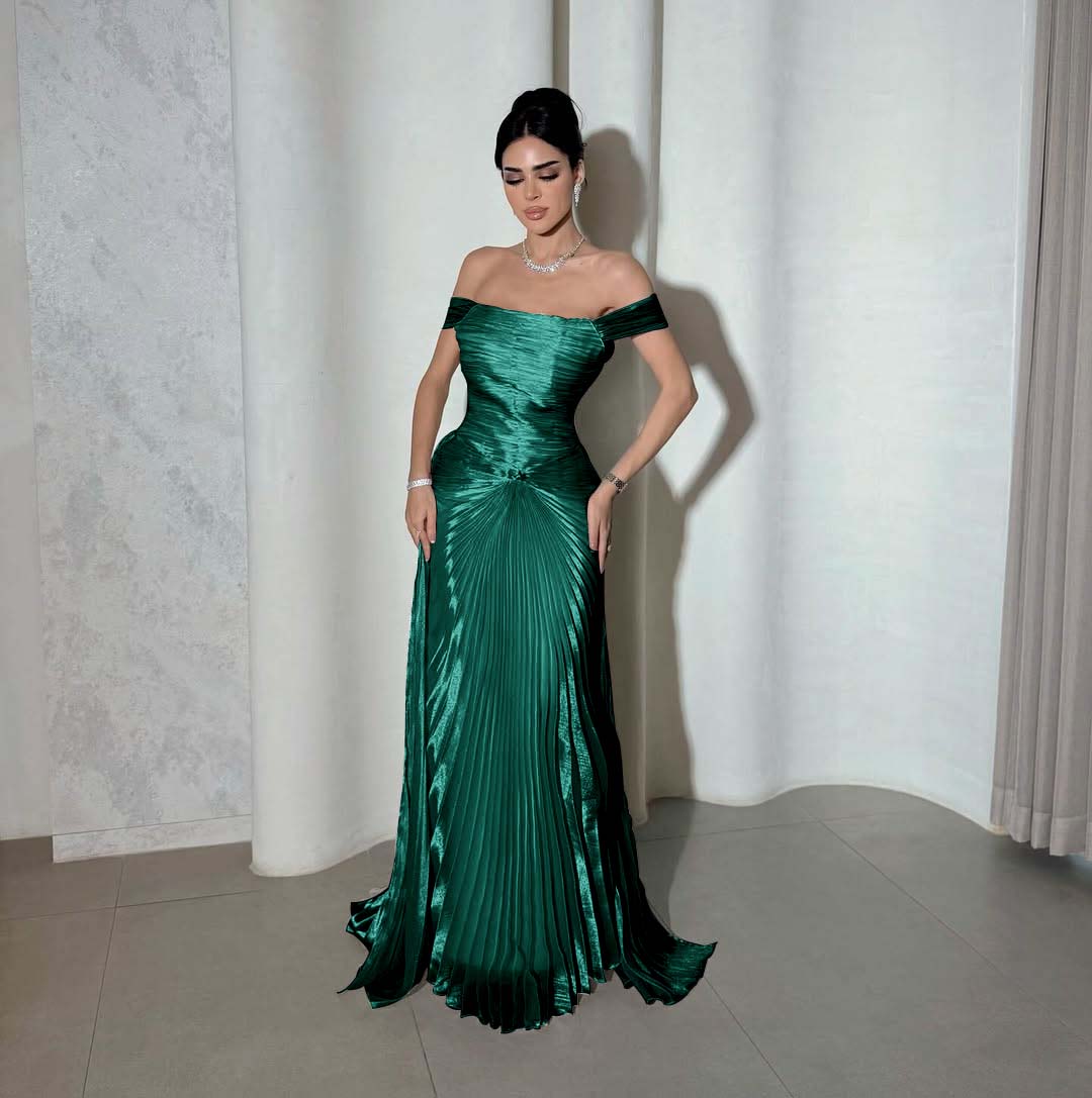 Chic Off the Shoulder Sleeveless Long Prom Dress With Pleated YK0266