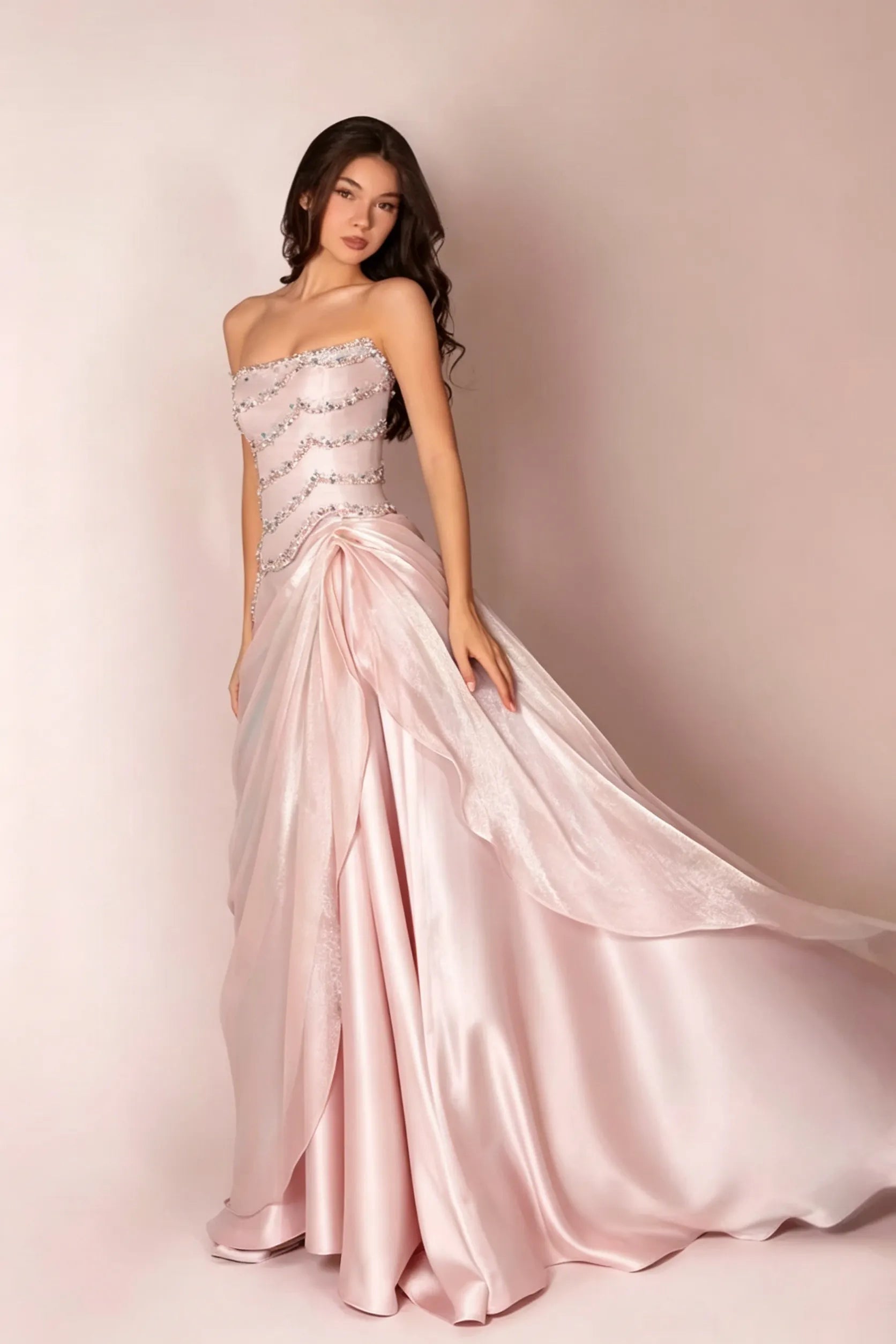 Cocoslly Strapless Sleeveless High Waist Long Prom Dress With Rhinstone And Beading Pearls | Baby Blue Satin LR0577