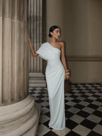Cocoslly One Shoulder Sleeveless High Waist Long Mermaid Prom Dress With Pleated | White Satin YK1192