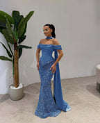 Cocoslly Off-The-Shoulder Long Pleated Mermaid Prom Dress With Beaded-Embroidered And Scarf | Dusty Sage Satin And Tulle ZA0306