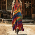 Women's Vintage Oil Painting Tie-dye Art Print V-neck Sleeveless Dress