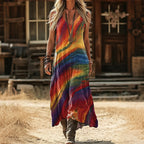 Women's Vintage Oil Painting Tie-dye Art Print V-neck Sleeveless Dress