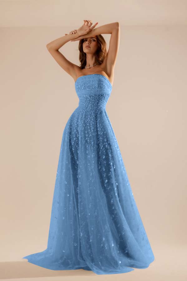 Charming Tulle Strapless Sleeveless Long Prom Dress With Beading YK0107